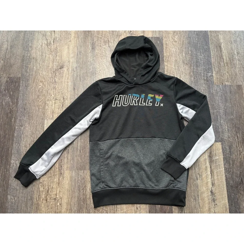 Hurley Boys XL Performance Hoodie Colorblock Rainbow Logo Black Grey Sweatshirt